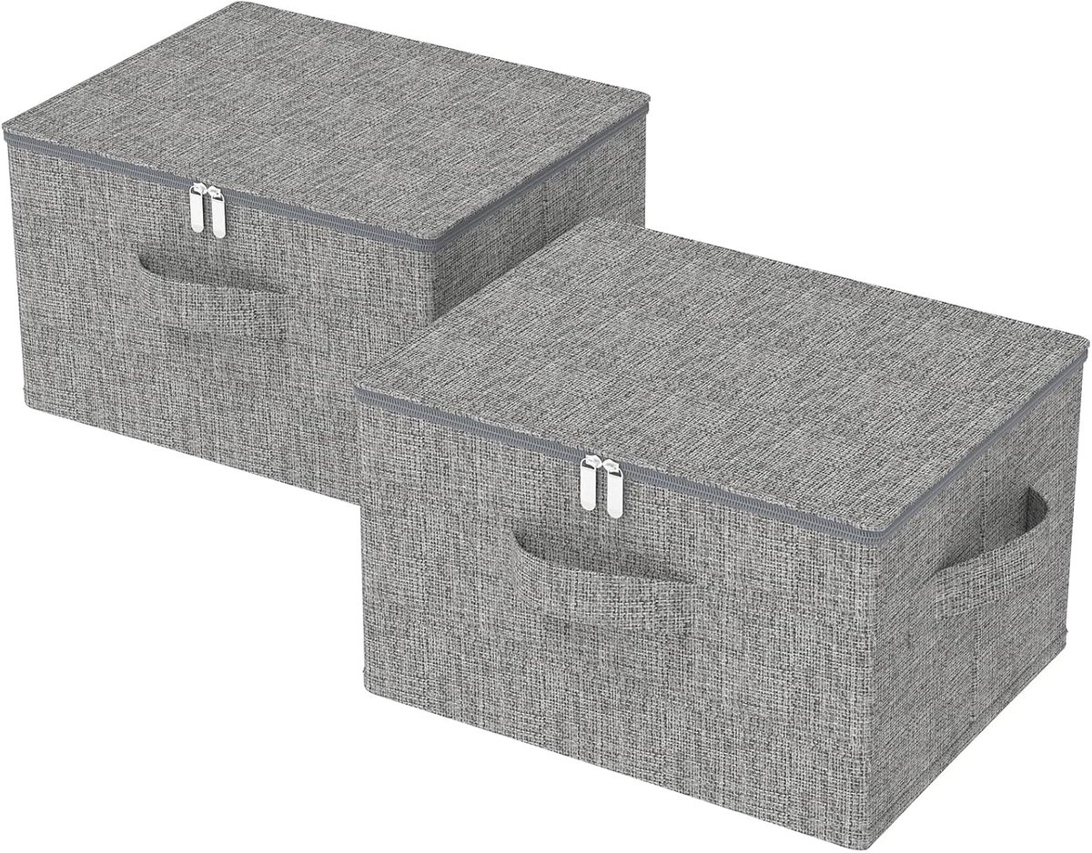 set van 2 opvouwbare ordeningsbakken met deksel, opbergdoos met handgreep, kledingkastboxen. Kan in de slaapkamer, woonkamer worden gebruikt, 50×40×30cm, grijs