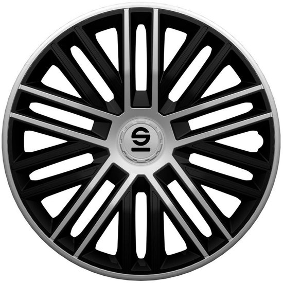 Zilverkleurige wieldop met 10 zwarte, scherpe spaken en een zilveren 'S' logo in het midden.