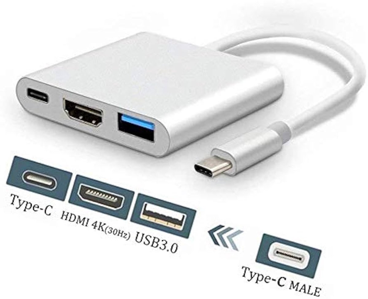 USB-C adapter - Naar USB, HDMI en USB-C - Voor laptop - Geschikt voor MacBook - Hub - Multiport adapter - Universeel - Zilver - Jonyx