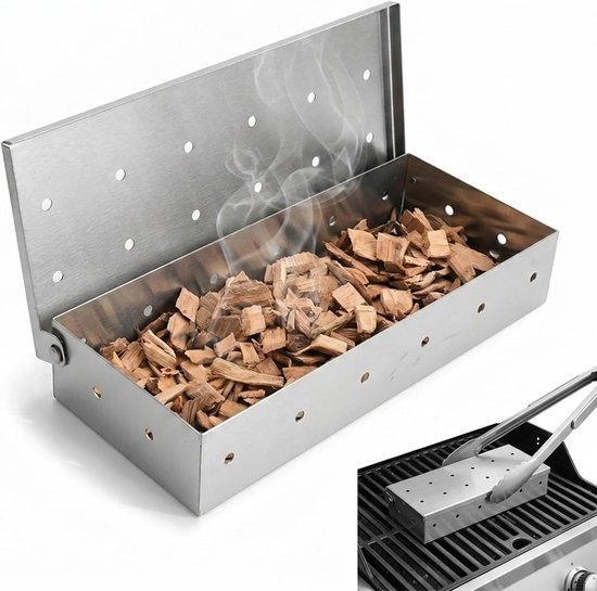 COZYVENT Extra dik Rookbox voor gasgrill of houtskoolgrill, rookbox van roestvrij staal, werkt met houtsnippers, voegt gerookte BBQ-smaak toe, scharnierend deksel, kromtrekkende grillaccessoires van Merkloos — afbeelding 2