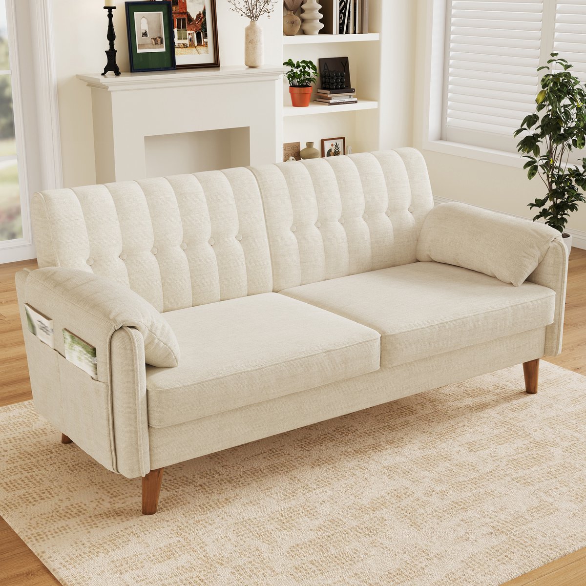 Pugsdrly Moderne 2-zitsbank van chenille met dik zitkussen, getufte rugleuning, 2 armleuningkussens en zijvakken; poten van massief hout, eenvoudig te monteren, ideaal voor appartementen en kleine ruimtes, beige