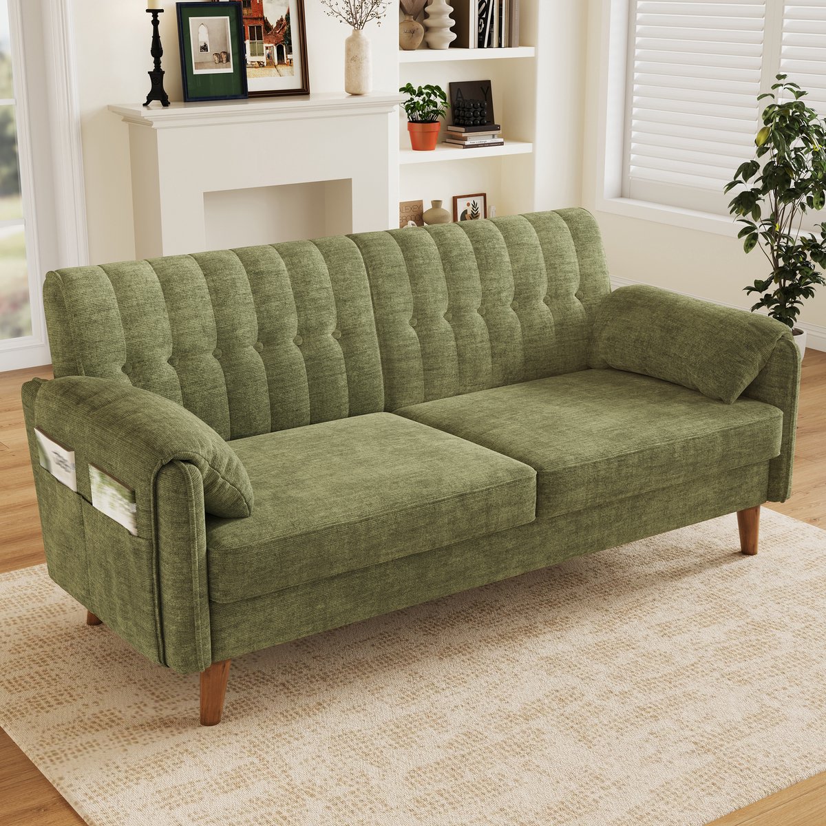Pugsdrly Moderne 2-zitsbank van chenille met dik zitkussen, getufte rugleuning, 2 armleuningkussens en zijvakken; poten van massief hout, eenvoudig te monteren, ideaal voor appartementen en kleine ruimtes, groen