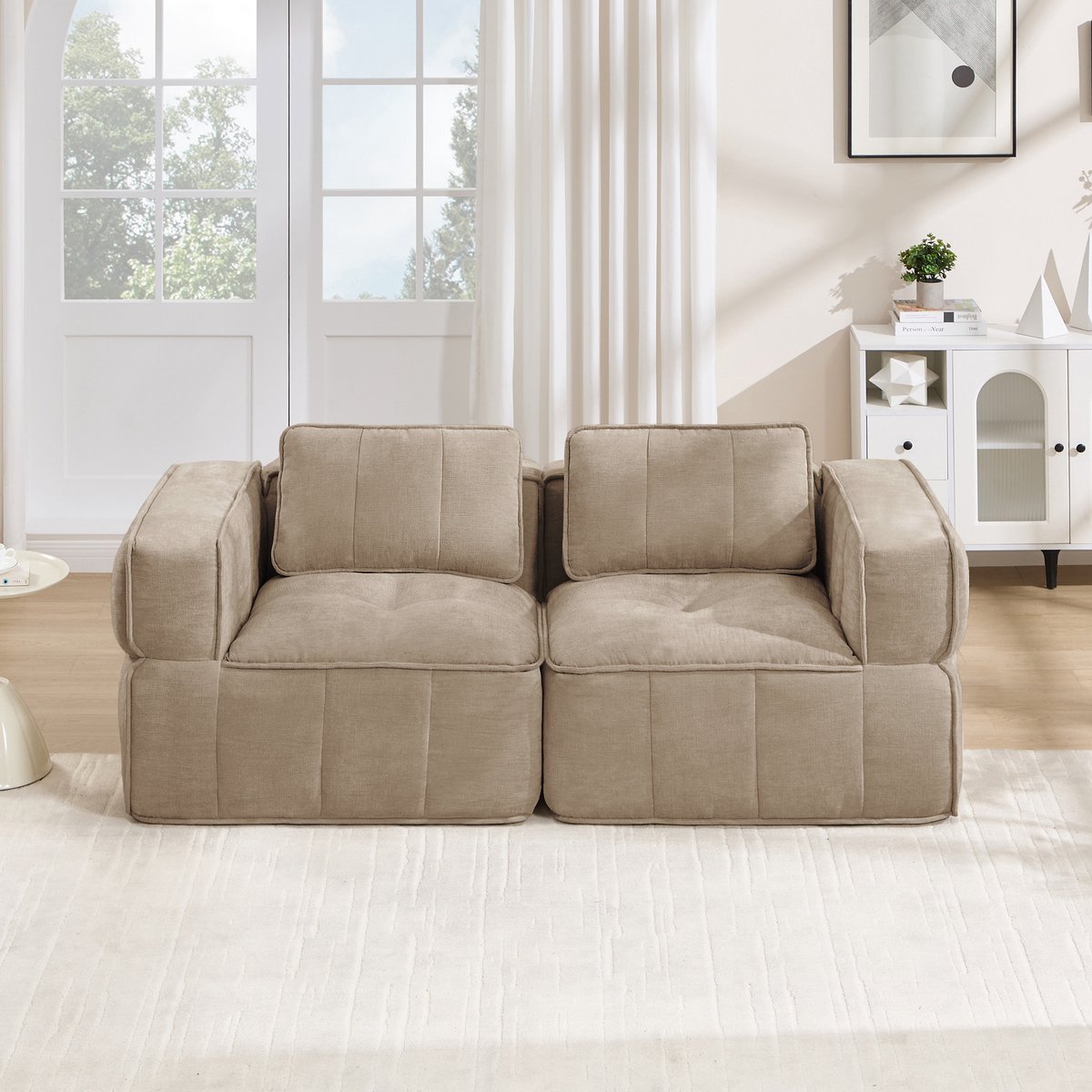 Pugsdrly Moderne tweezitsbank, modulaire hoekbank zonder frame, 32D-schuim met hoge dichtheid, diepe zitting, zachte en comfortabele bekleding, voor woonkamers en appartementen, geen montage nodig, zandkleur.