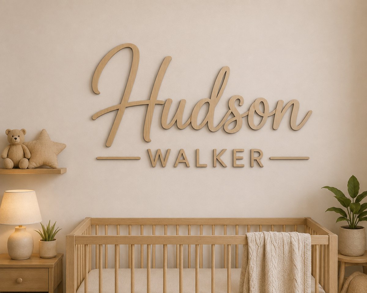 Gepersonaliseerde Houten Naam Muurdecoratie Babykamer – 60 x 40 cm – Luxe Naambord met Voornaam & Achternaam – 5 mm Multiplex – Natuurlijk Hout/ baby