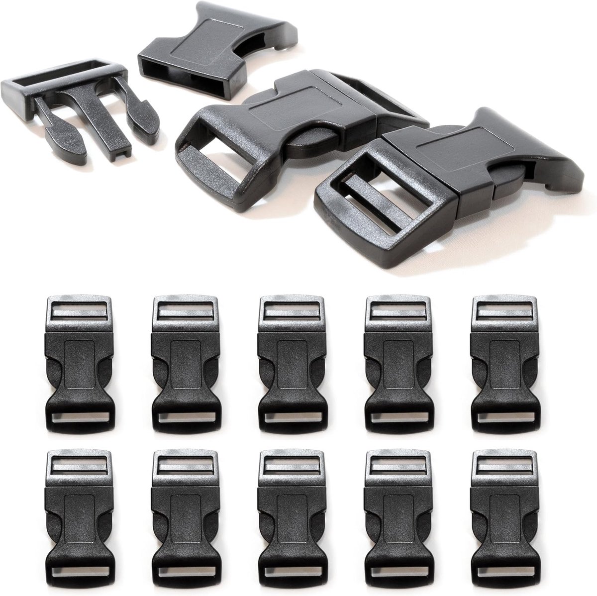 kliksluiting van kunststof zwart, 10-delige set, 1 inch steeksluiting voor paracord, hondenhalsbanden en rugzak, geschikt voor banden en koorden, sleuf 26 mm x 6 mm, 65 mm x 32 mm