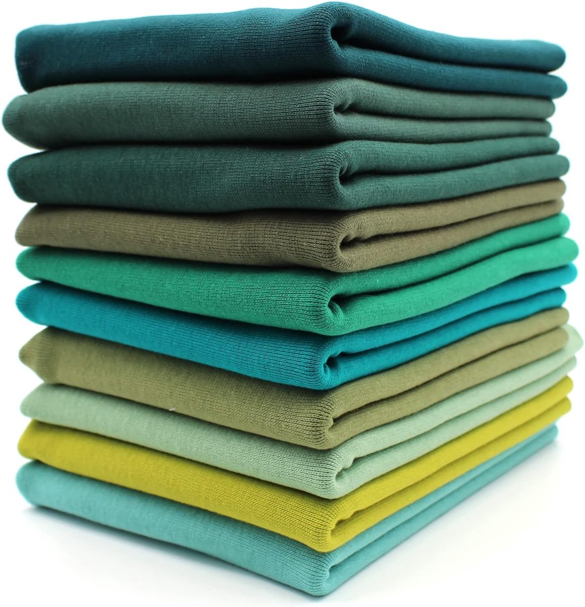 Stof, 0,25 m, 70 cm breed, 95% katoen, 5% elastaan, jersey selectie (groene tinten, set van 10)
