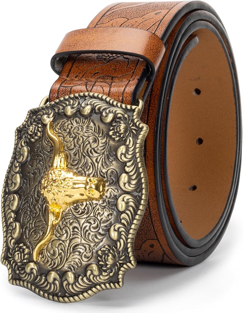 Heren westerse cowboyriem - Longhorn Bull patroon gesp riem met bloemen reliëf PU-lederen riemen