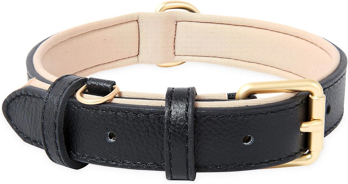Zacht Lederen Hondenhalsband voor Klein Honden Ademend Gevoerd met D-ring, Verstelbare Klassieke Hondenhalsband, Zwart,XS