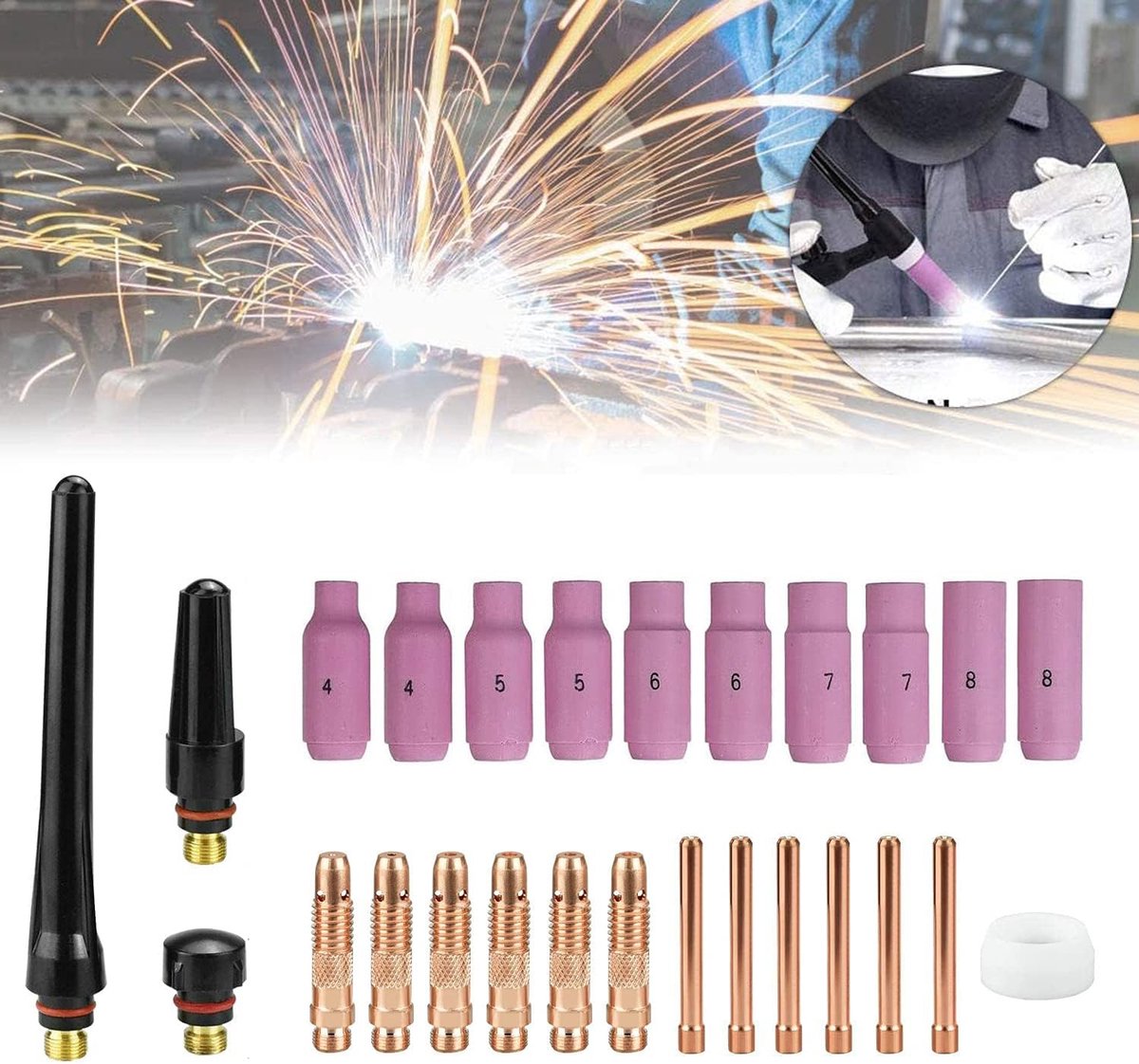 26-delige set TIG-lasapparaat accessoires voor WP17 WP18 WP26 TIG-toorts lasverbruiksartikelen met colletten lichaam Alumina mondstuk cup set achterdop pakking, TIG-laspistool onderdelen gaslens set