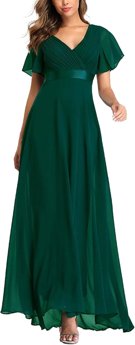 Avondjurken voor dames, riem, A-lijn, chiffon, bruidsmeisjesjurk, V-hals, elegante lange baljurk