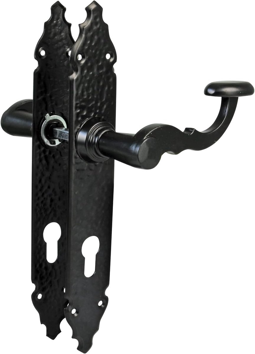 - Set van 2 deurklinken voor doorgangsdeuren Mod.100PB90 - Sleutelgat op 90 mm - 280 x 45 x 3,5 mm - 8 mm vierkante spindel - Voor gebruik met insteeksloten - Gesmeed model