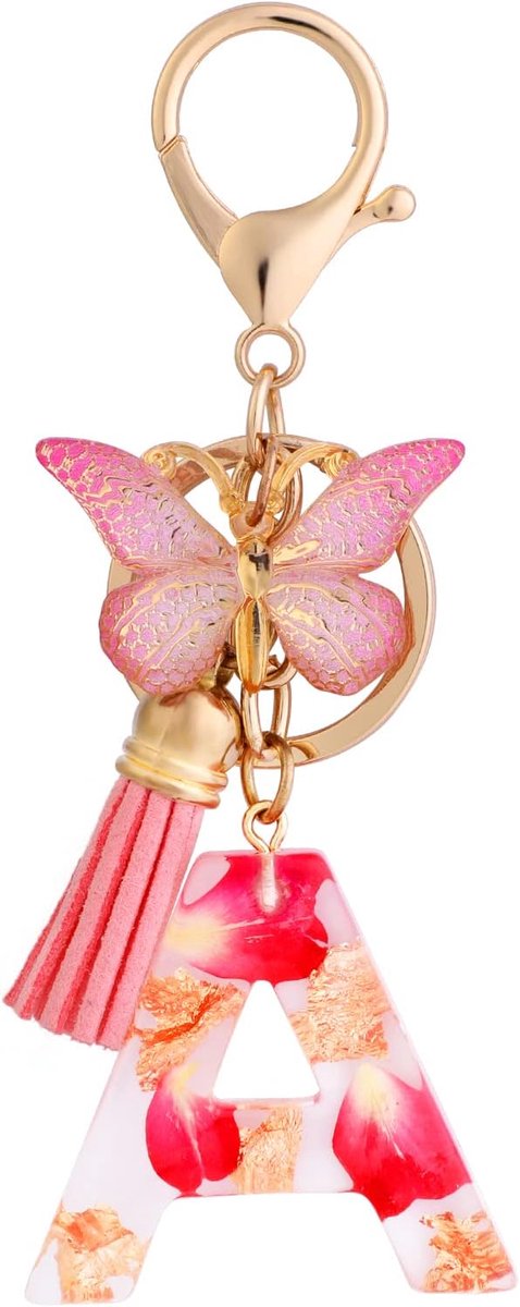 Alfabet sleutelhanger, initiaal letter met vlinder kwasthanger, roze hars Kawaii sleutelhanger, bloemblaadjes charme voor vrouwen meisjes portemonnee tas bagage reizen decoratie