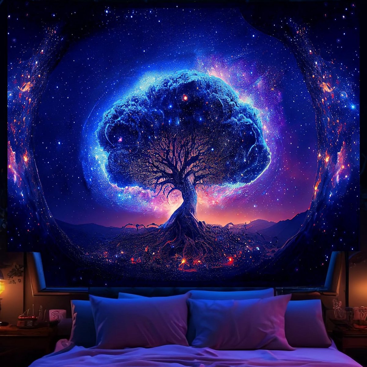 Boom en Ruimte Tapijt voor Slaapkamer, Esthetisch Cool Zwart Licht Levensboom Wandtapijten voor Meisje, Fantasie Sterren Galaxy Muur Opknoping voor Woonkamer Tiener Dorm Decor (51" x