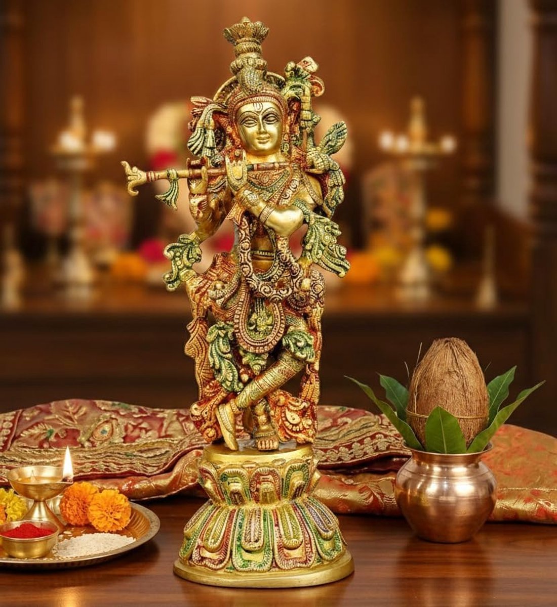 Messing Radha Krishna Kishan Murti Idool standbeeld sculptuur | Pooja Idols | Woondecoratie (15 inch)