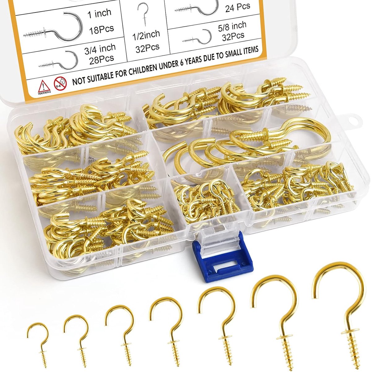 Haken, plafondhaken, goud, meerdere maten, geplateerd koper, metaal, schroefbare plafondhaken, 7 maten