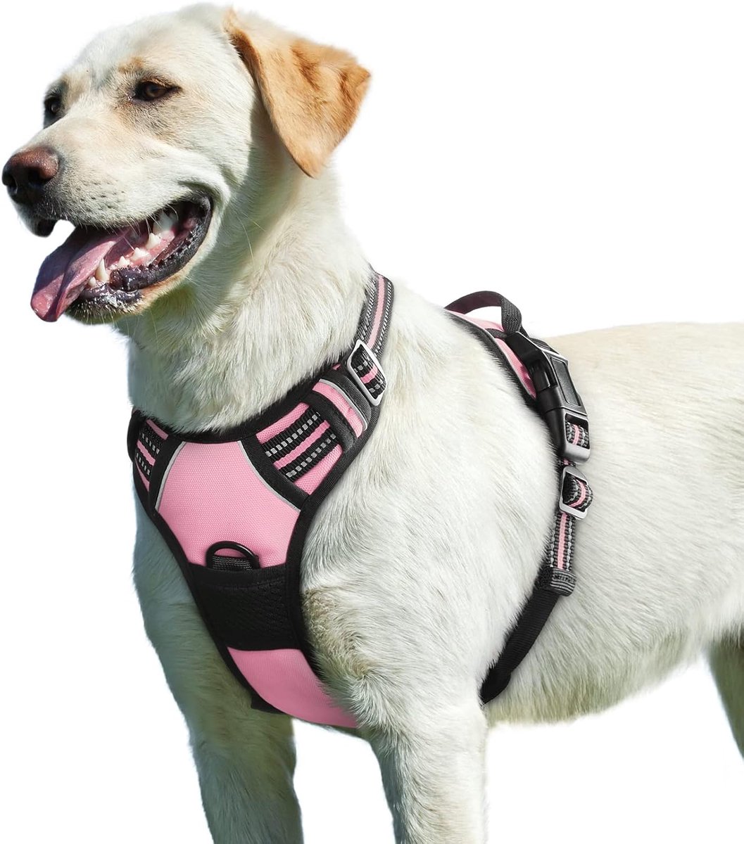Hondentuig No Pull, Hondenharnas voor Grote Honden, Verstelbare Harnas Hond met Reflecterend Strepen, Gewatteerd Zacht Ademend, Hondentuigje Anti-trek voor Wandelen Training, Roze L
