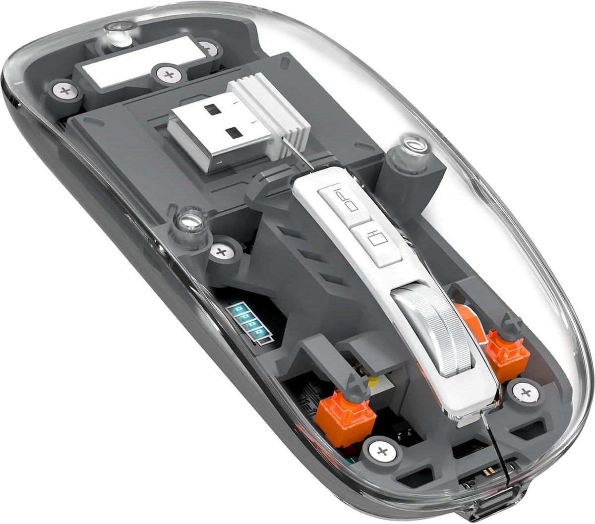 Draadloze Muis, 2.4 GHz of Bluetooth 5.0 Wireless Mouse, Stille Klikken, Oplaadbare, 2400DPI USB-C Transparante Gaming Mouse, Batterijniveau Zichtbaar, Laptop/Win/Mac/Chrome, Grijs