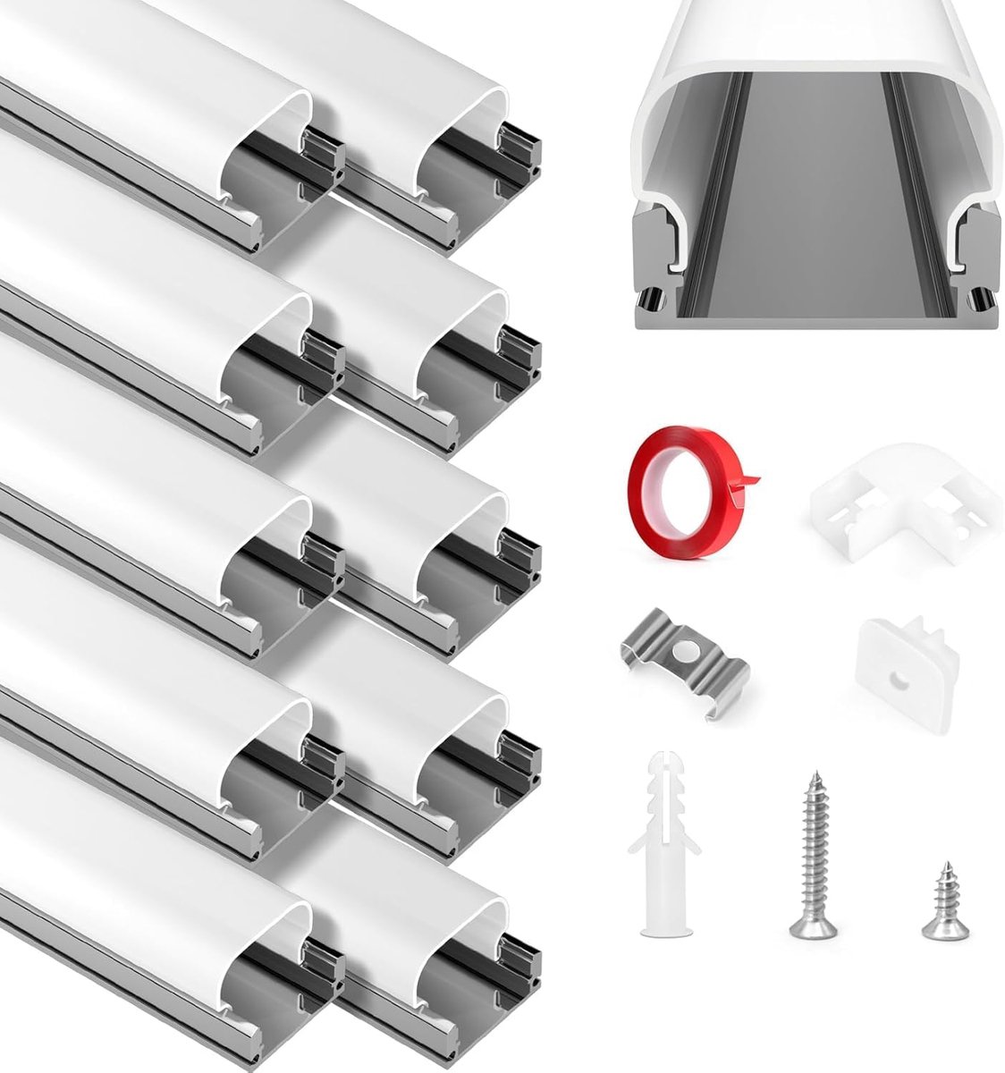 Aluminium profiel, HOMMAND 10 x 1m LED Aluminium Kanaal, LED Strip Kanaal en Diffuser, LED Strip Profiel met Hoekverbinder, Plakband, Eindkappen, Montage Clips, LED Profiel U vorm 10m