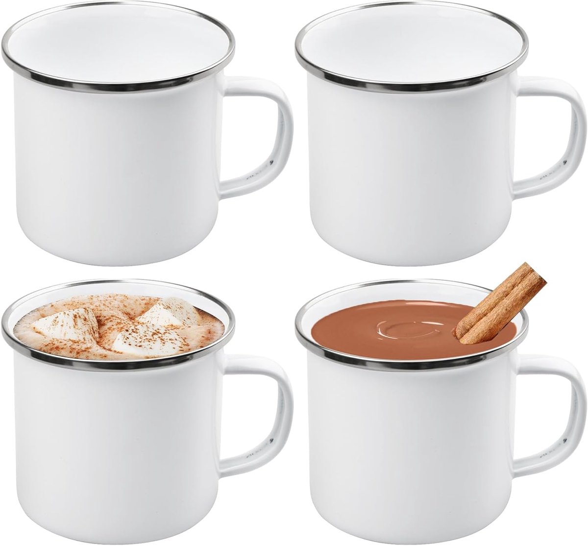 KZQ 4 Stuks Mok - Emaille koffiemok - Inhoud 350 ml - Emaille materiaal - Geschikt voor thuis en op de camping - Gemakkelijk schoon te maken - Wit