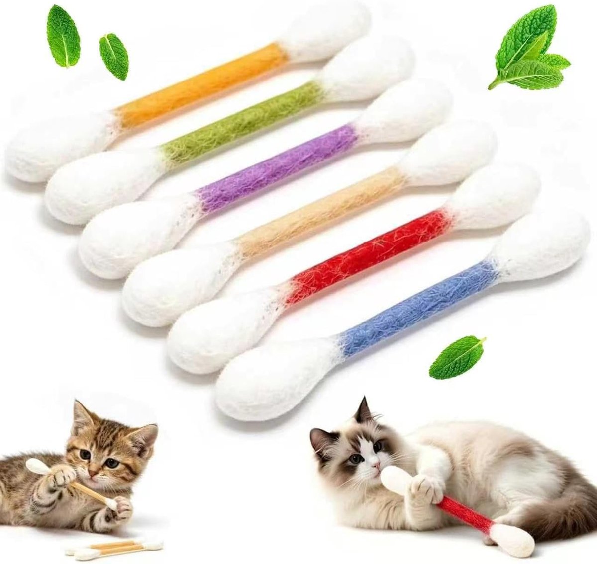 KZQ Kattenspeelgoed van wattenstaafjes – set van 6 stuks met kattenkruid; interactief kauwspeelgoed voor kittens, geschikt voor spelen en beweging.