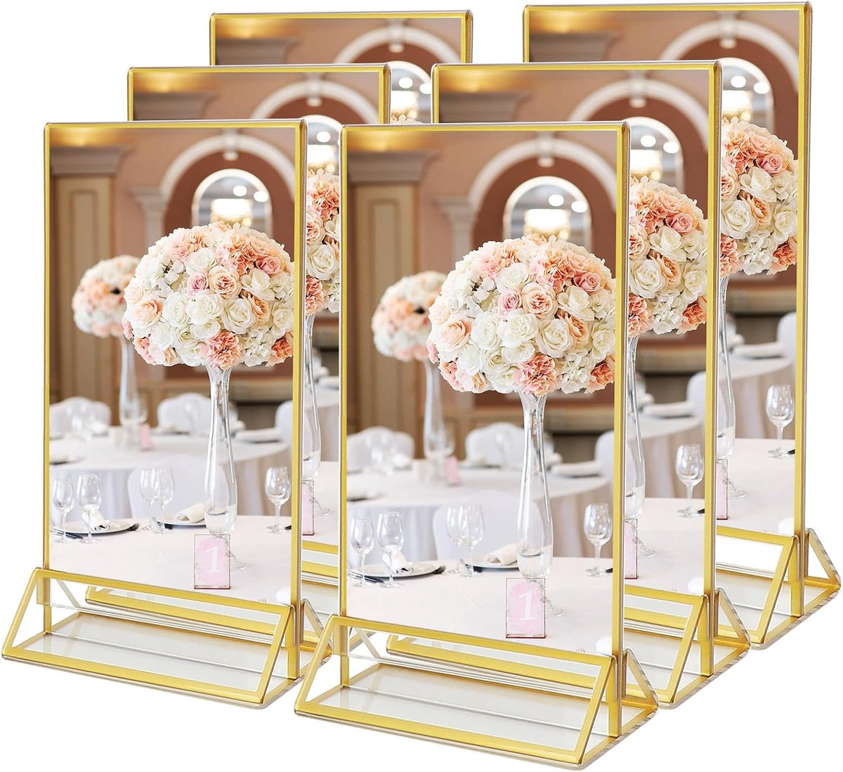 LIKE Gouden dubbelzijdige fotolijst, set van 6 acryl tafelnummers, bruiloft, goud, standaard in ezelstijl, bruiloft, tafelnummers, display, standaard, dubbelzijdig, 10 x 15 cm