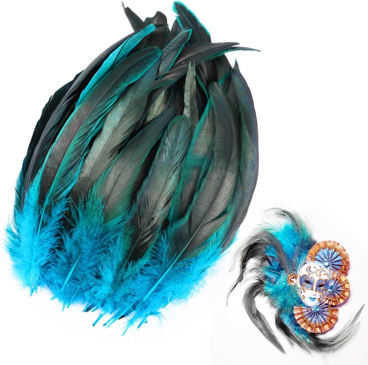 Veren, 20-25 cm, kraanveren, decoratie, fazantveren, veren om te knutselen, natuurlijke veren, fazanenveren, knutselveren, groot, voor feestmaskerdecoratie, blauw