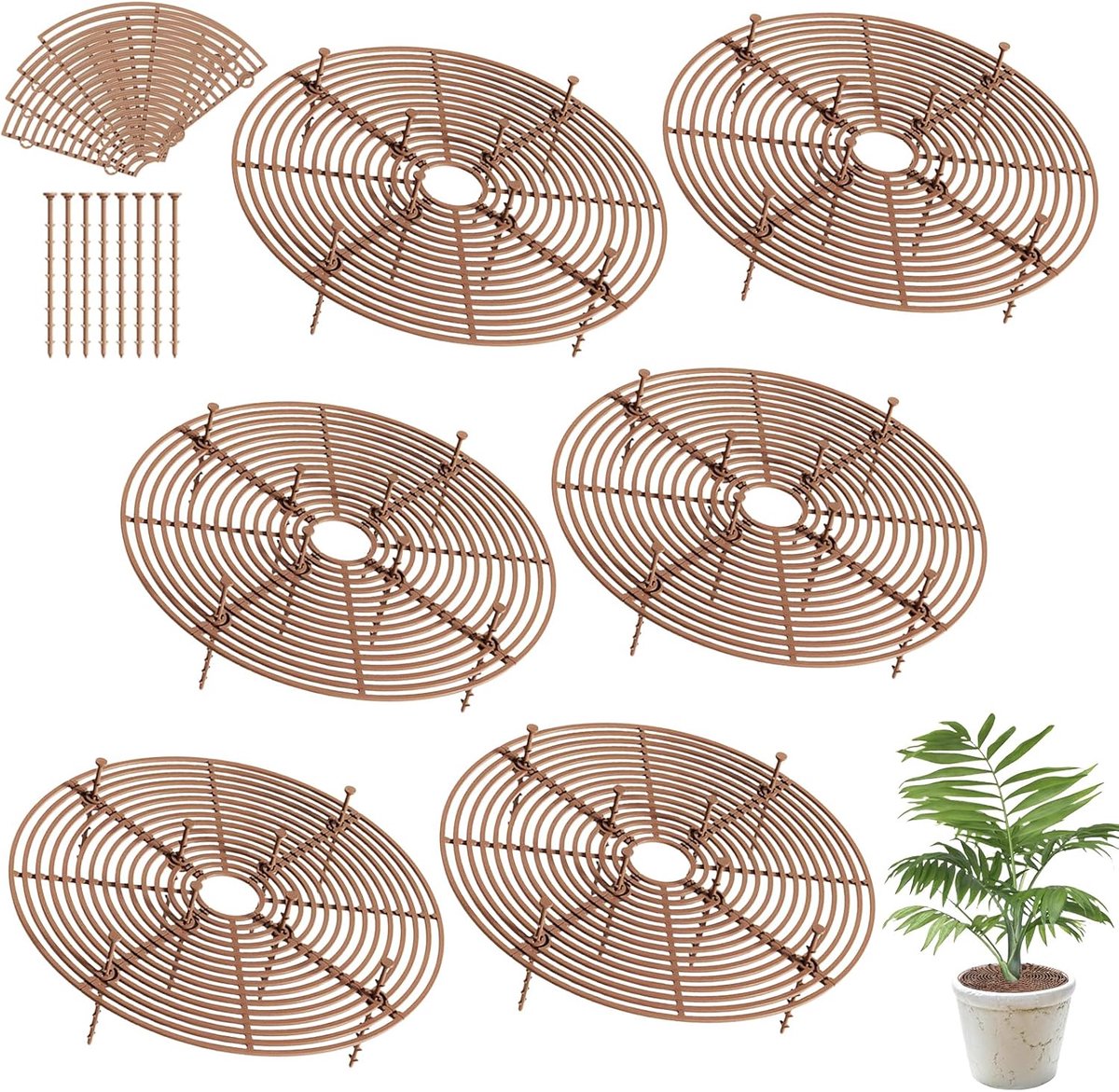 6 stuks rond plantenbeschermingsrooster, 30 cm, bloempotbescherming, katten, bloempotstandaard, bloempotafdekking, bloempot, rooster, voor kinderen en huisdieren, bruin