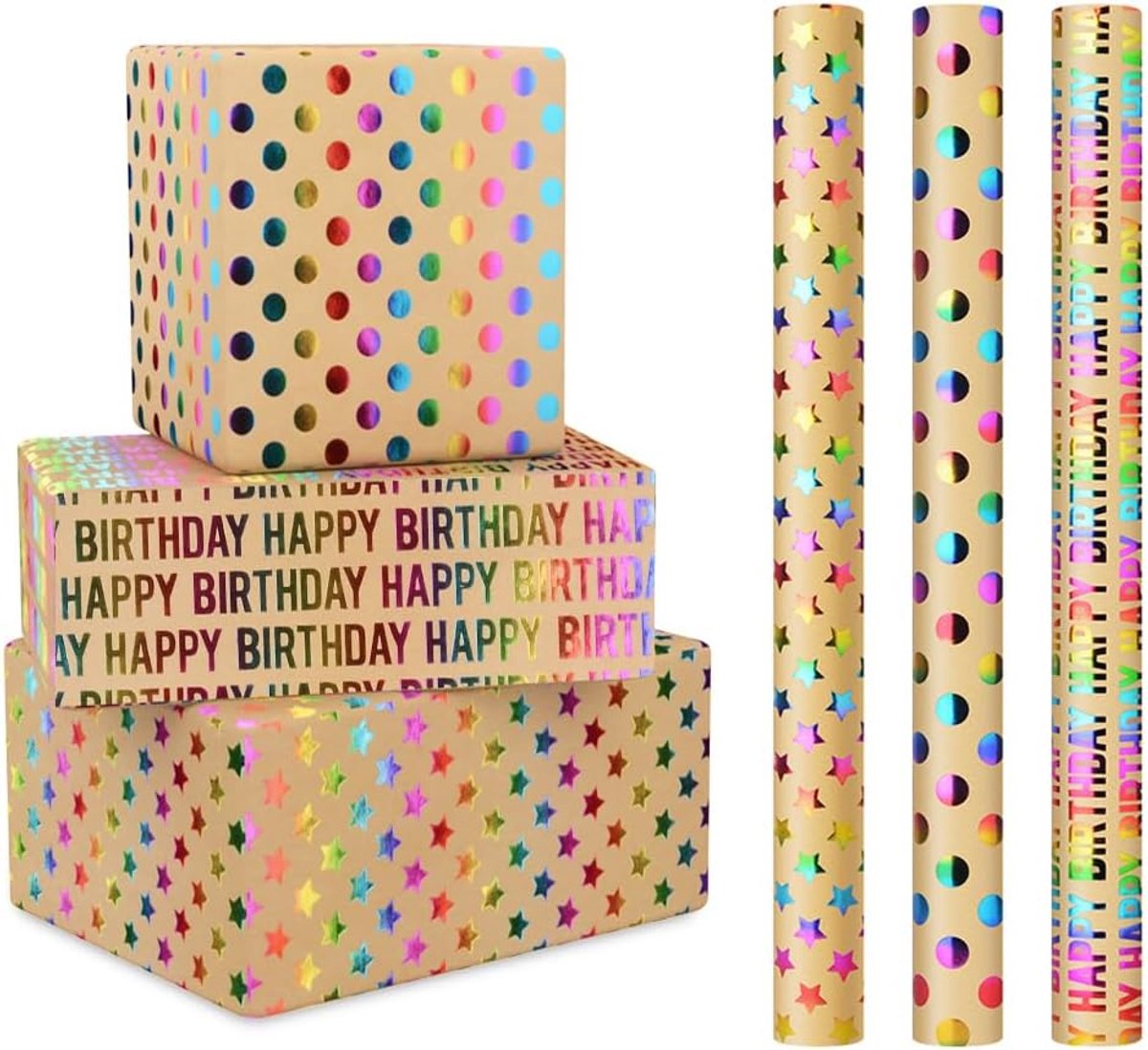Cadeaupapier voor verjaardag, 3 rollen, 43 cm x 300 cm, glinsterende cadeaupapierrol voor volwassenen en kinderen, bruin kraftpapier, recyclebaar cadeaupapier, verjaardagscadeau voor