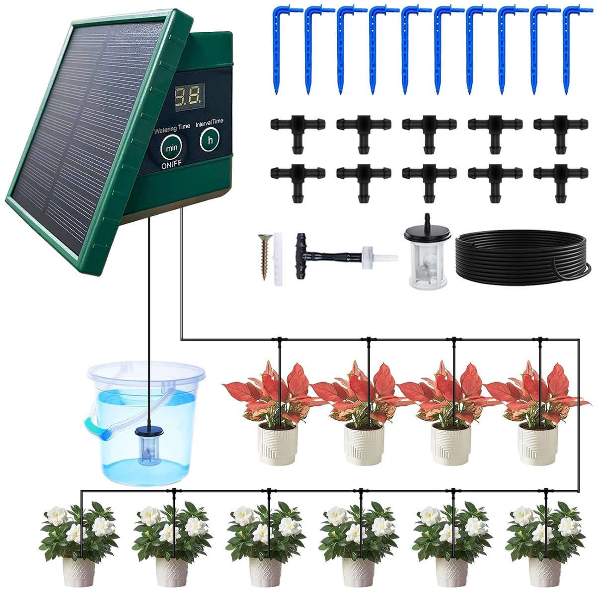 Irrigatiesysteem op zonne-energie, voor tuin, balkon, automatische irrigatie voor planten, potplanten, gazon, timer, irrigatie met 10 m druppelslang, broeikas, accessoires