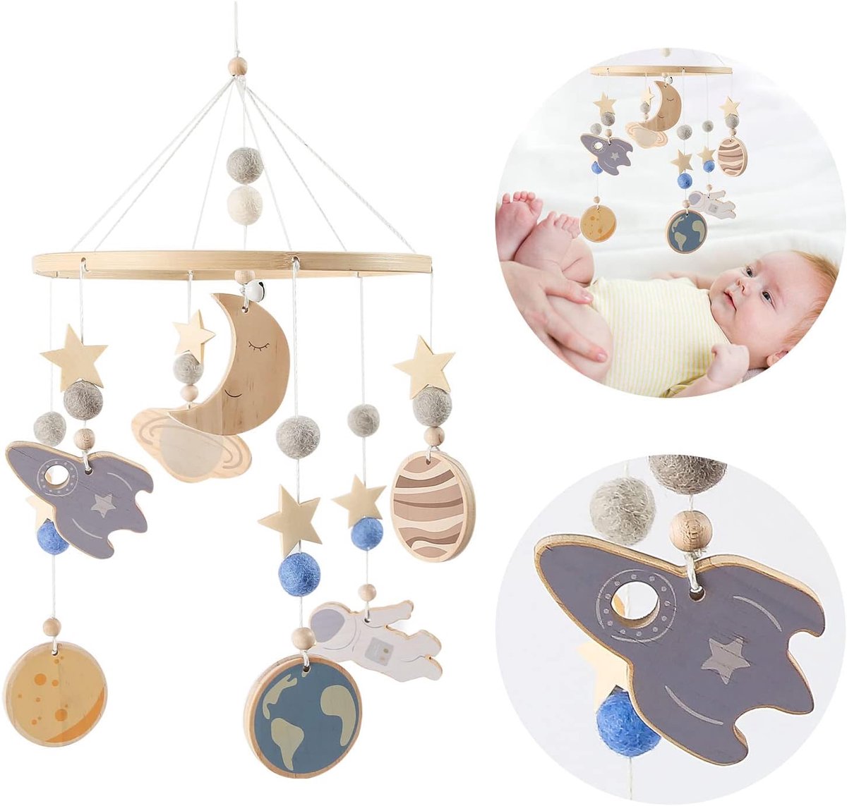 Mobile Baby Houten Windgong met Vilten Ballen Maan Sterren Ruimte Babykamer Hout Gehaakt Mobile Newborn Jongen Meisje Bed Bel Hanger voor Hanging Baby wieg Verandering Tafel Ster Maan