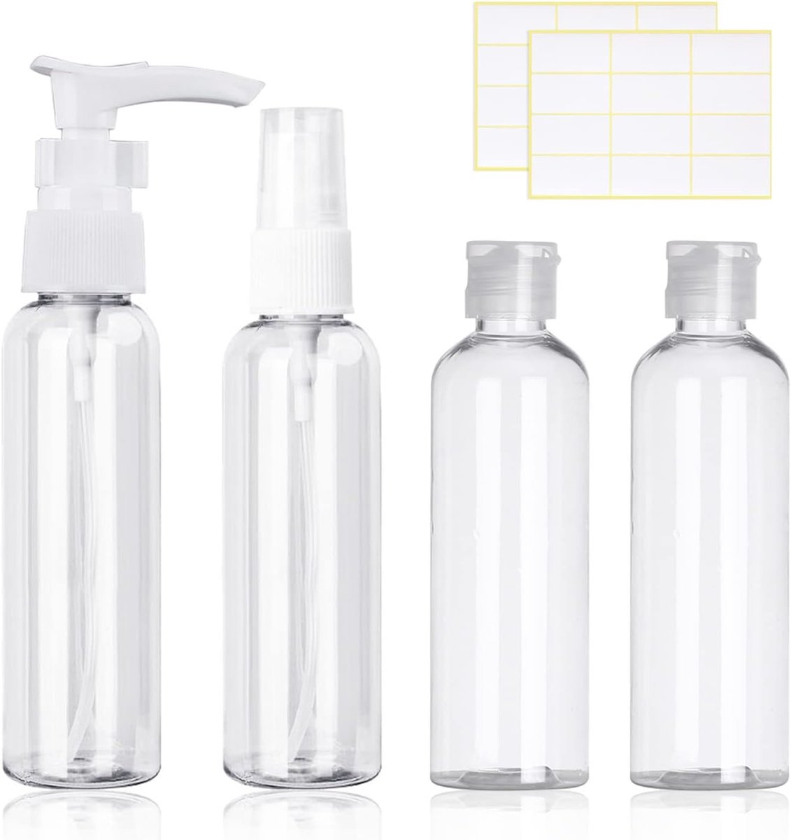 4-Pack 100ML Clear Travel Bottle Set, Spray Flessen, Hervulbare Vloeibare Containers voor Lotion, Body Wash, Shampoo met 2 stuks etiketten