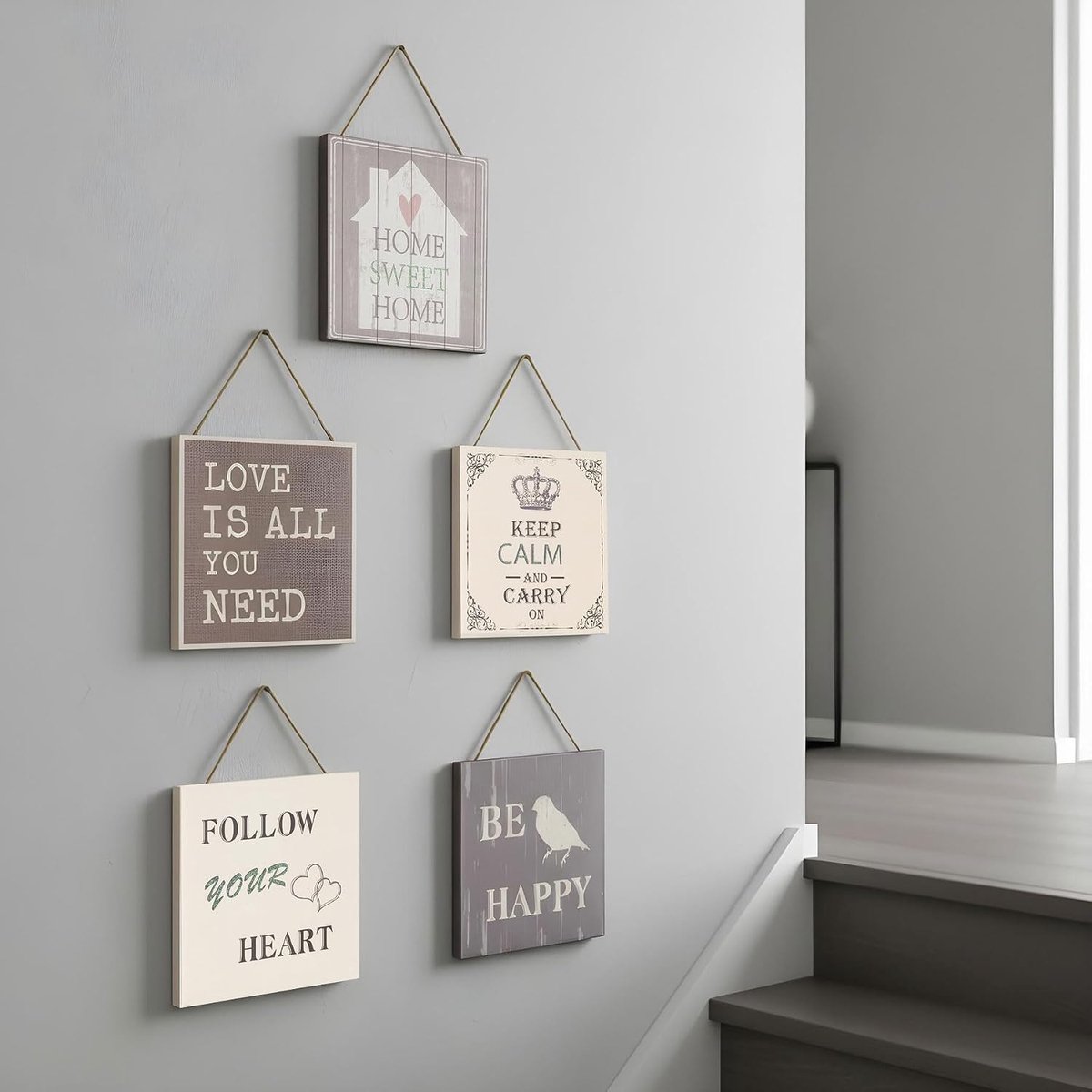 levandeo Muurschilderingen set van 5 B x H: 20x20cm houten frame Shabby Chic Vintage Deco spreuken Borden koord