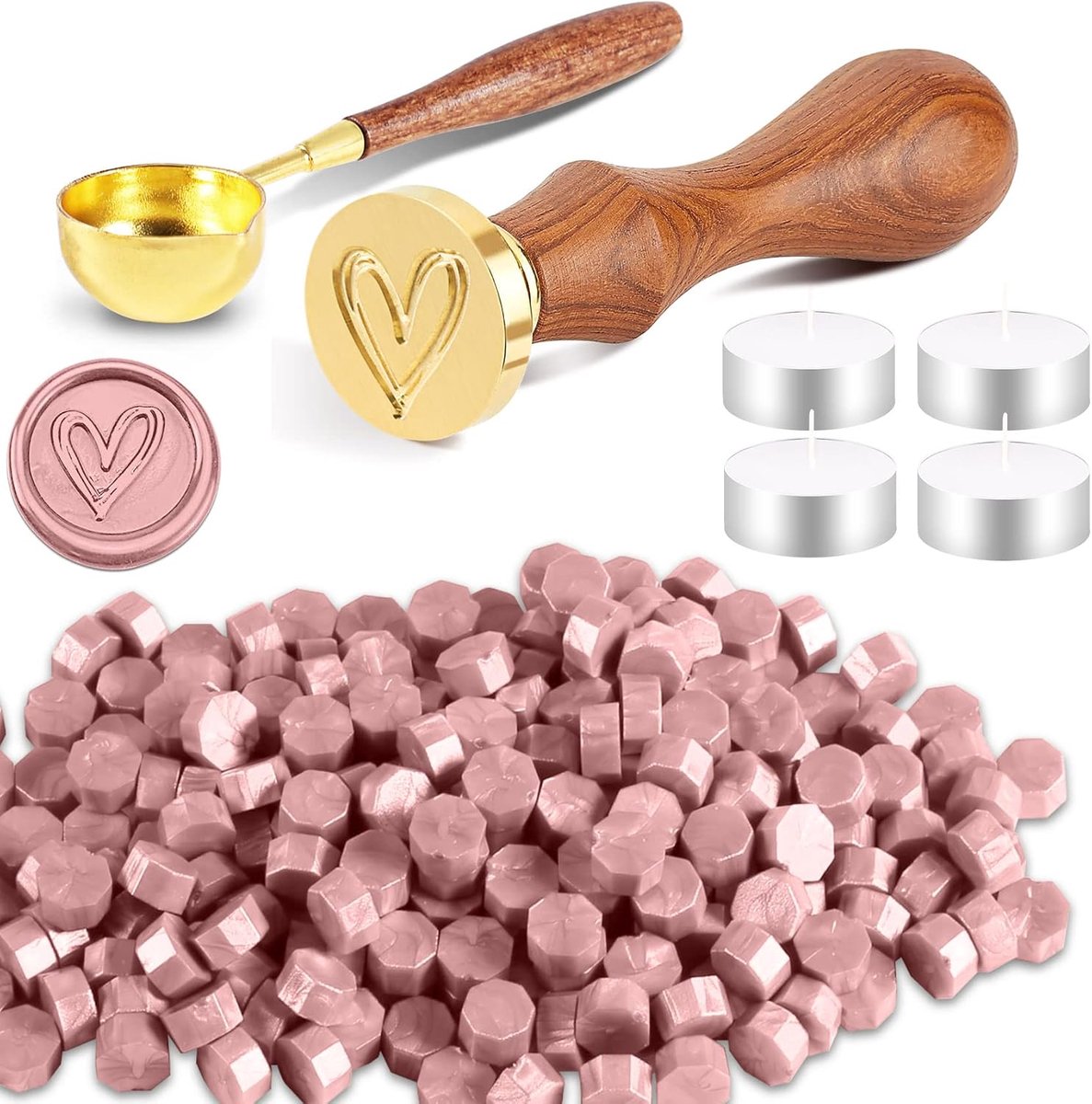 200 stuks zegelwax-kralenset, waszegelstempel met 1 zegelstempel, 1 smeltlepel, 4 theelichtjes, zegellakkralenset voor envelop, uitnodigingen, kaarten, cadeau (hart, lichtroze)