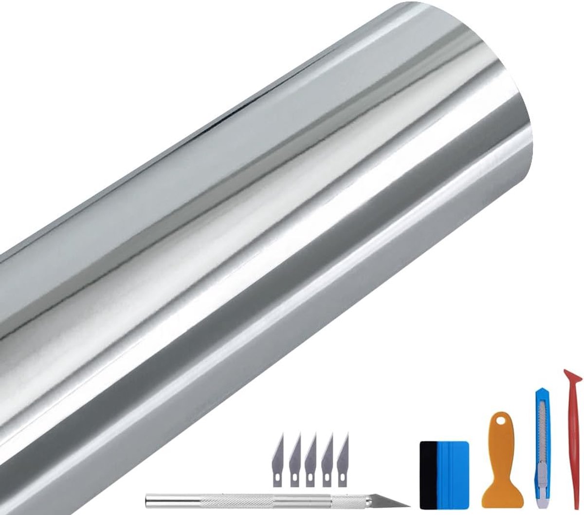 Glanzende spiegel-chroom vinylfolie, zelfklevende folie zonder luchtbellen, doe-het-zelf-wrapping van auto, fiets, motor, wrappingfilm, zilver, 30 x 300 cm