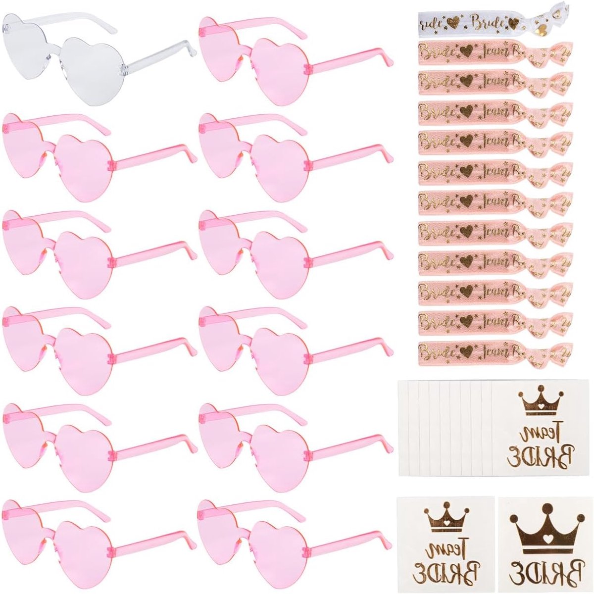 Brillen, haarelastiekjes, Bride to Be hart, 12 hartvormige zonnebrillen + 12 tattoostickers + 12 armband, vrijgezellendecoratie, accessoires