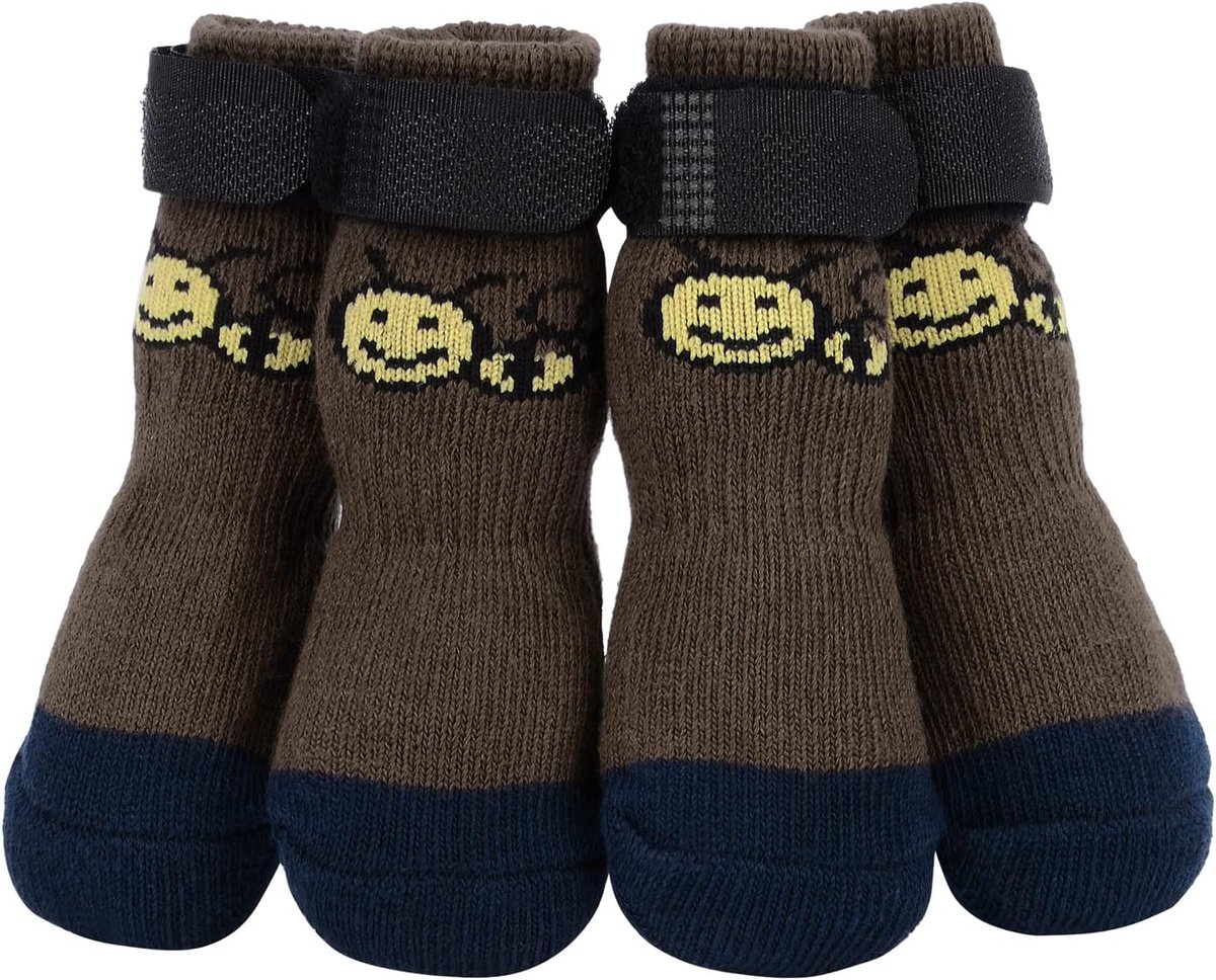 Antislip Hondensokken, Set van 4, Verstelbare Afneembare Bevestigingsband voor Kleine en Middelgrote Honden, Katten, Puppy's en Oudere Huisdieren (3XL, Bruine Pootprint)