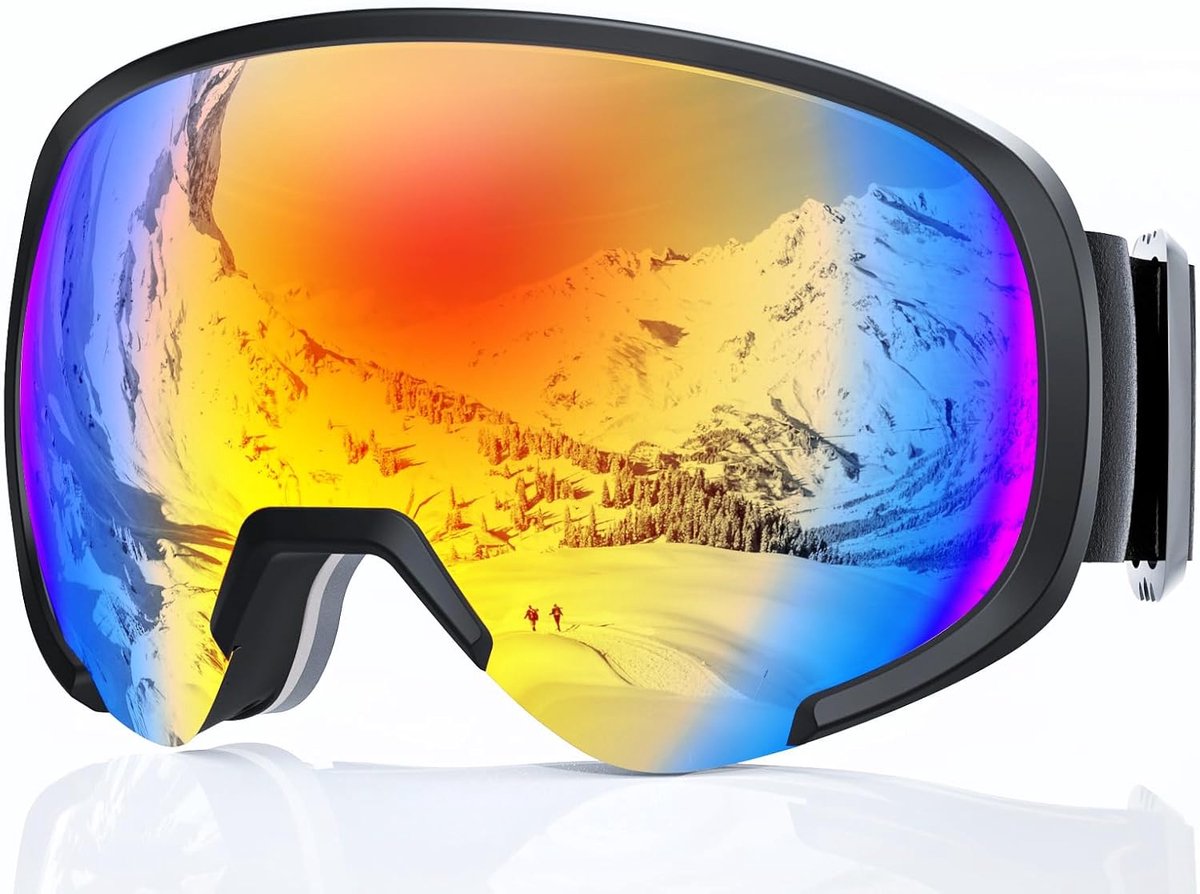 skibril, snowboardbril voor brildragers, OTG-design, uv-bescherming, sneeuwbril, anti-condens, skibril, sferisch gespiegeld, voor dames, heren, jongens en meisjes, regenboog