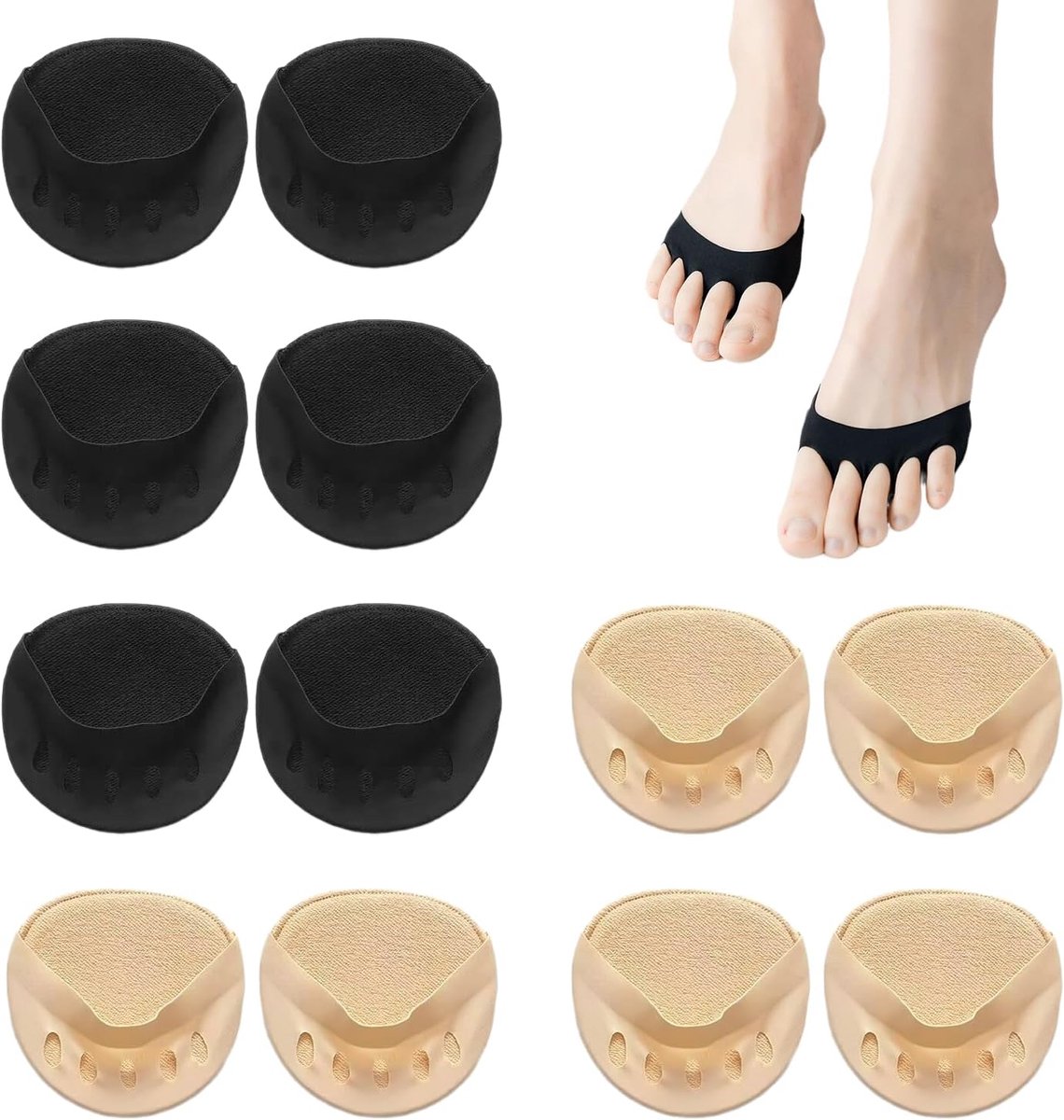 6 paar voorvoetsokken, sokken met gespleten tenen, sokken met open teen en halve voet, ademende antislip voetpads, geschikt voor hoge hakken en sneakers (zwart, huidskleur)