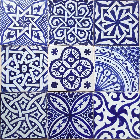 Moro HBF8400 Oosterse tegelmix, 10 x 10 cm, blauw wit, verpakking van 9 stuks, handbeschilderde Marokkaanse tegels, patchwork, kunsthandwerk uit Marokko, wandtegels voor mooie keuken, douche, — afbeelding 3