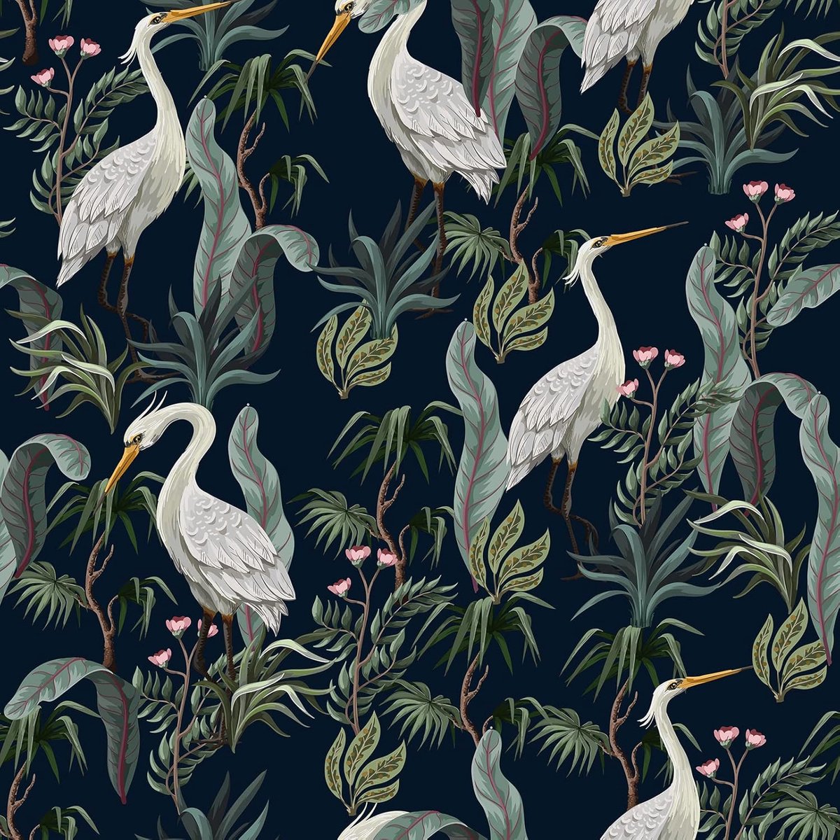 Behang groen vintage fotobehang bos jungle zelfklevend donkerblauw met kraanvogels wit 44,5CM X 3M decoratiefolie meubelfolie donkergroen muur behang woonkamer patroon