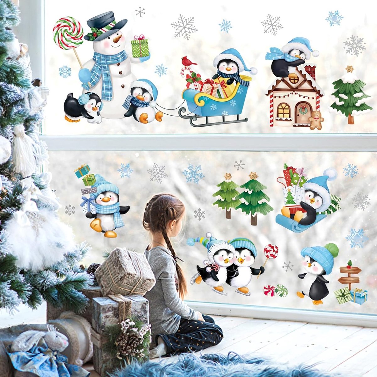 wondever Muursticker Kerstmis Pinguïns Wandsticker Sneeuwman Sneeuwvlokken Kerstmis Raam Wandsticker Wanddecoratie voor Kerstmis Feest Raam Kerstdecoratie