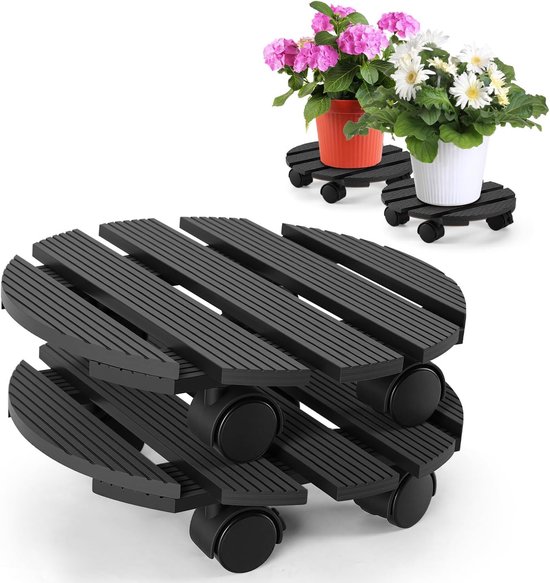 2 x WPC plantenroller rond Ø 30 x 7,5 cm, bloemenroller met wielen, rolonderzetter, draagkracht 80 kg, potroller voor binnen en buiten, rolplank voor planten, bloempot (antraciet)