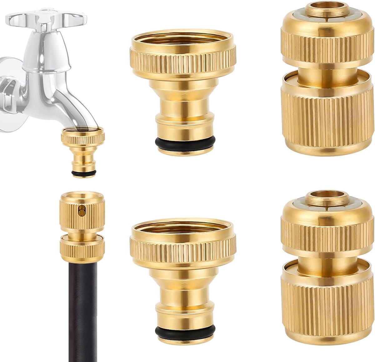 4 stuks messing slangfittingset, slang 1/2 "einde snelconnectoren, 3/4" binnendraad kraanconnector, massief messing tuinkraanconnectoren voor het repareren en aansluiten van tuinslangpijpen