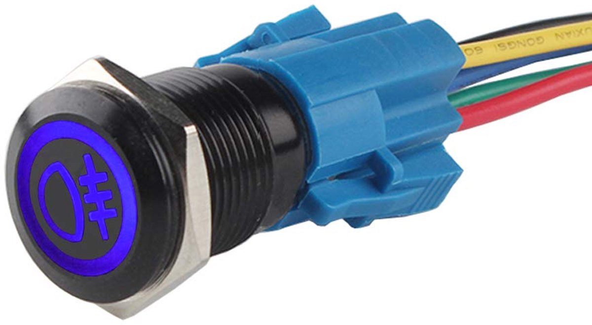 Zwarte Schaal 19mm 12V 5A Auto Vrachtwagen Tuimelschakelaar Drukschakelaar Schakelaar Blauw Licht Achter Mistlicht Wipschakelaar AAN/UIT Waterdichte Stekker Draad