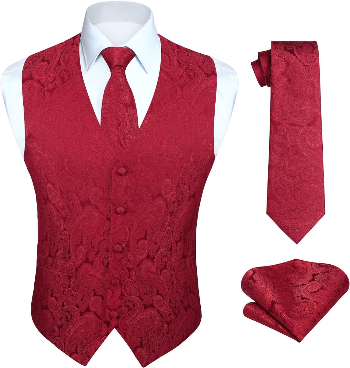 Paisley gilet voor heren, jacquard bloemenmotief, stropdas, pochet, voor bruiloftsfeest, zakelijke pasvorm, set met gilet, XS - 6XL