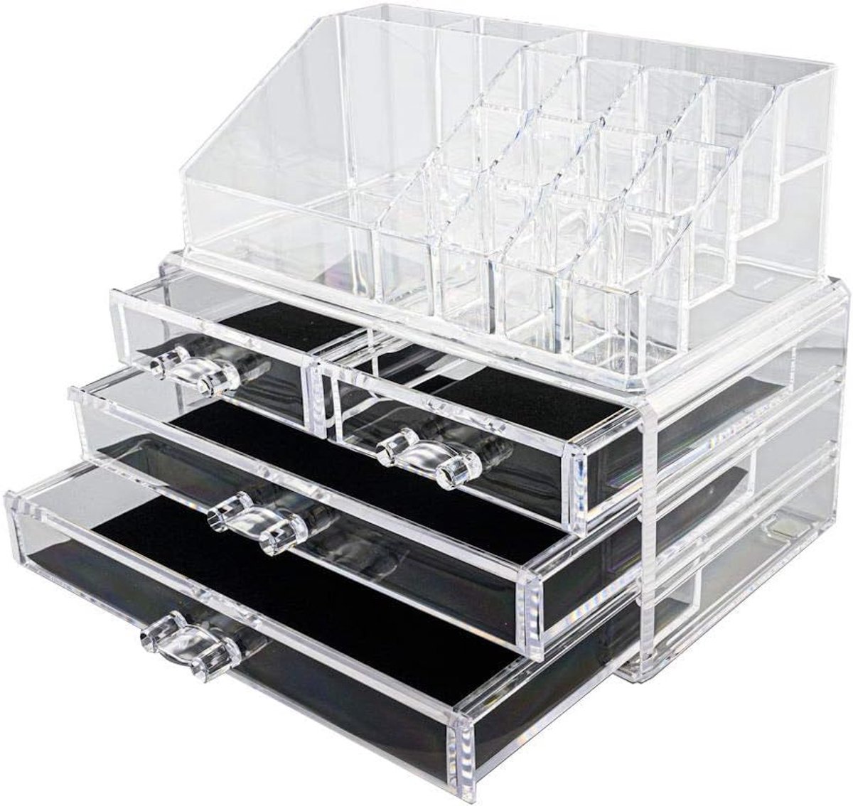 Make up Organizer met 16 Vakken & 4 Schuif Laden - Make-up Organizer Transparant - Sieraden Makeup Cosmetica Opbergsysteem - Display Houder voor Lippenstift / Nagellak / Brushes / Visagie - Make up kwasten / Sieraden etc. - Decopatent