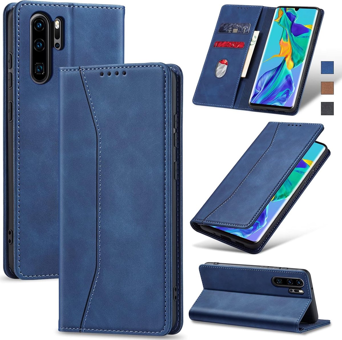 Hoesje voor Huawei P30 Pro Hoes Book case, Premium Lederen Flip Wallet Telefoon Case [Kickstand]Hoogwaardige cover mobiele telefoon case geval beschermhoes (Blauw)