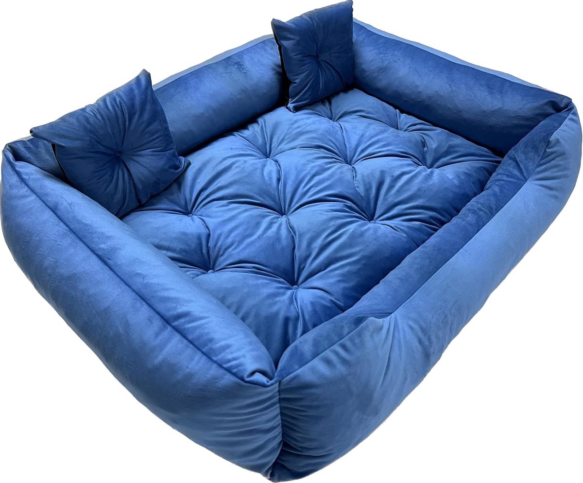 Premium hondenbed voor middelgrote en grote honden, orthopedisch en gewrichtsvriendelijk, hondensofa, hondenkussen, wasbaar, outdoor en waterafstotend, robuust en vormvast, L blauw velours