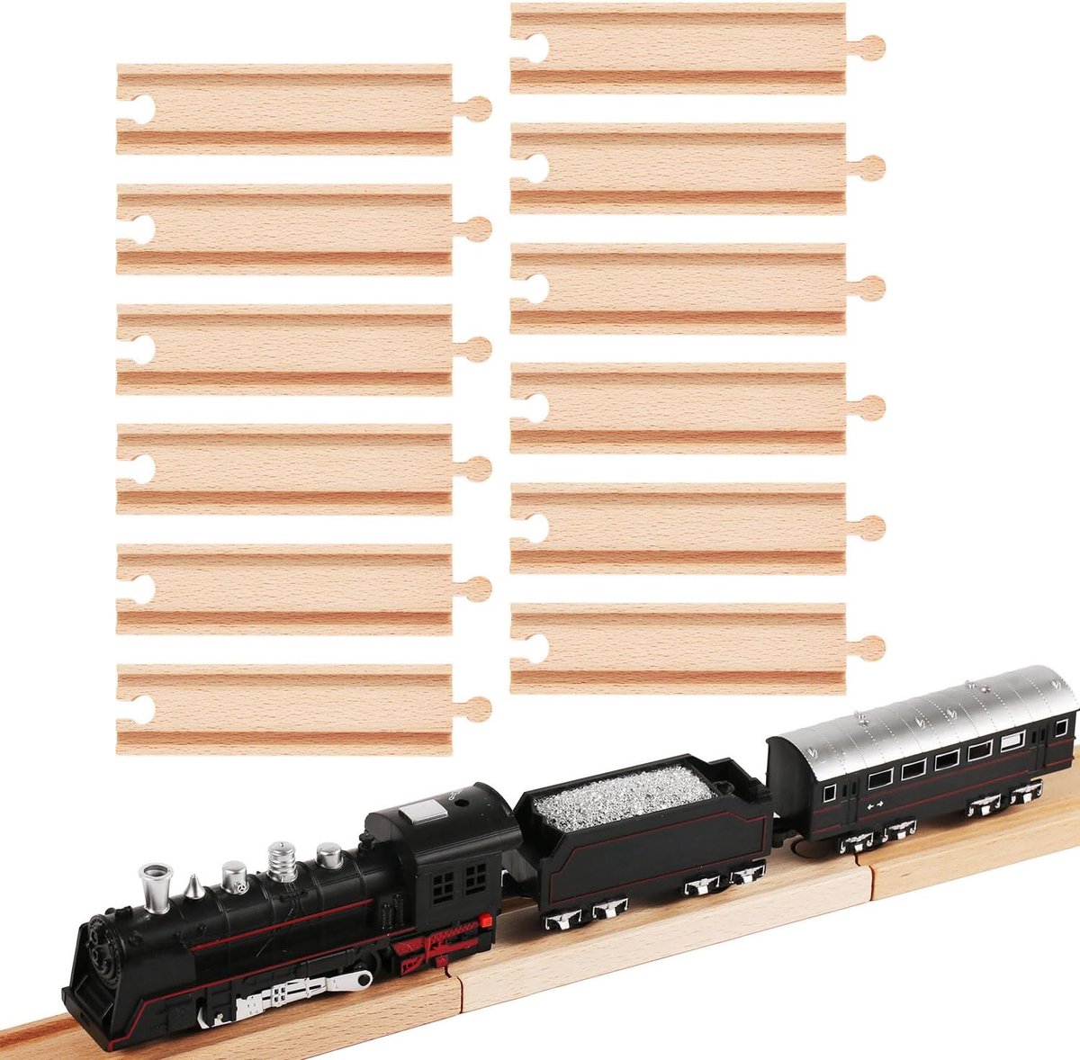 12-Delig Houten Treinrails Uitbreidingsset, 16,2cm Rechte Houten Treinrailverbinder Accessoires voor Kinder Compatibel met de Meeste Speelgoedtreinmerken