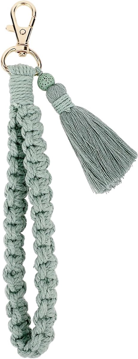 Boho Sleutelhanger Armband Handgemaakte Polsband Sleutelhanger met Kwastje Polssleutelhanger Houder Pols Key Lanyard voor Vrouwen Meisjes, Groen, Eén maat